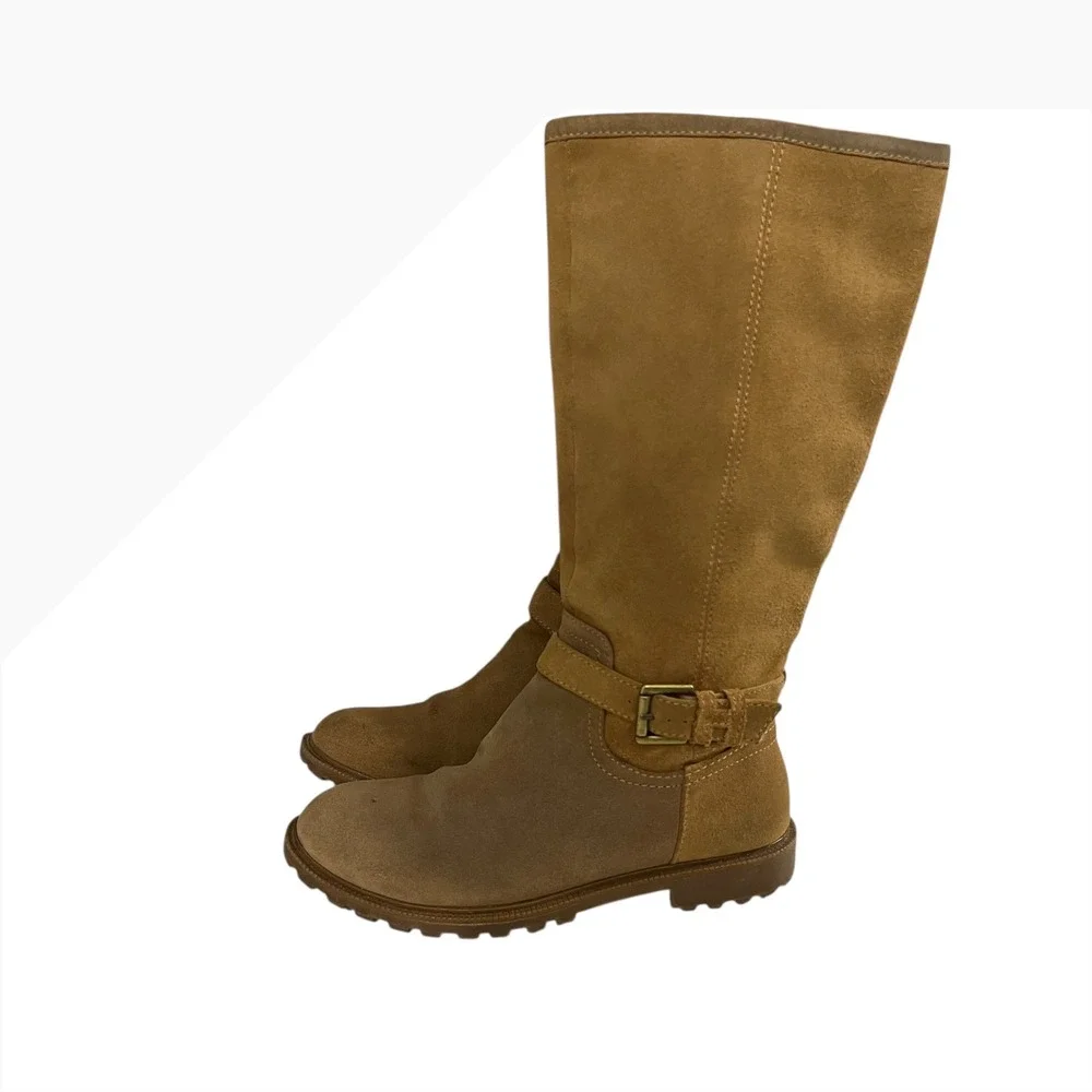 Tommy Hilfiger Tan Suede Knee High Engineer Boots Buckle‎ Detail Lug Sole 8.5M